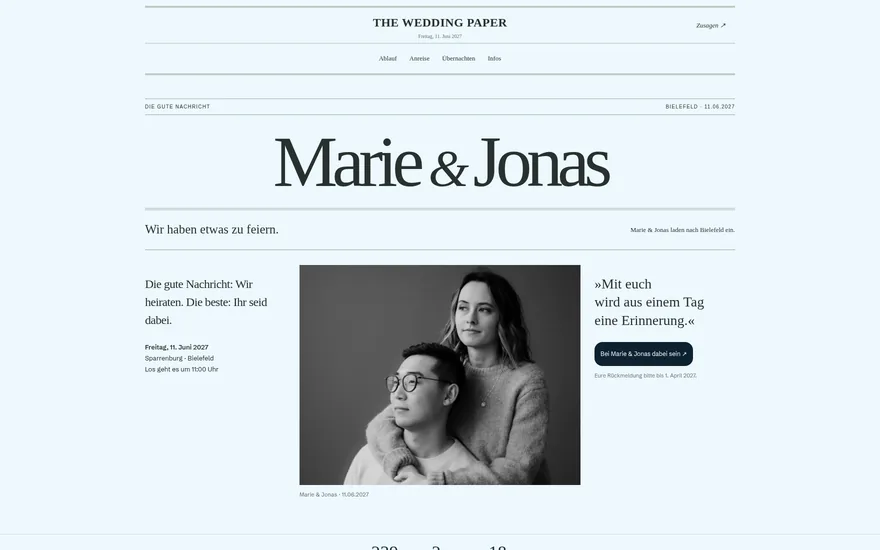 Die Hochzeitsseite von Marie und Jonas im Stil einer Zeitung: die Namen als Schlagzeile, darunter Spalten und ein Foto.