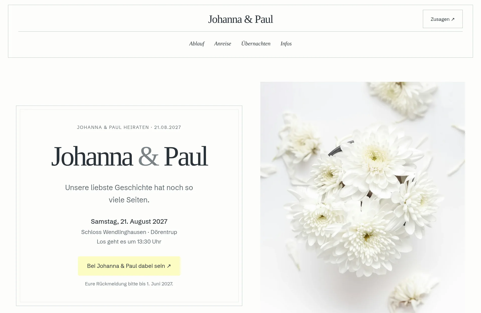 Der Kopf der Hochzeitsseite von Johanna und Paul (Schloss Wendlinghausen, Dörentrup). Eine typografische Einladung, ruhig zentriert und fein gerahmt.
