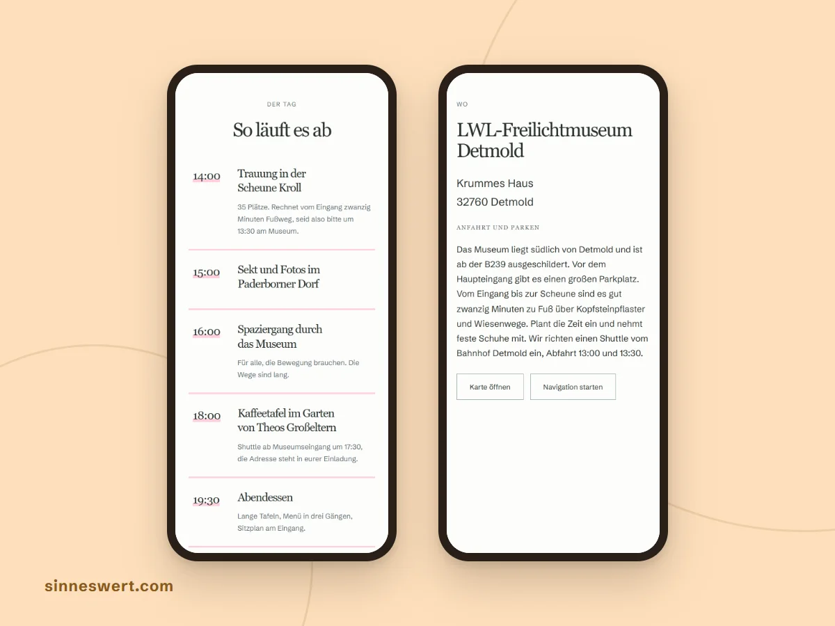 Zwei Handys mit einer Musterhochzeit: links der Tagesablauf mit Uhrzeiten, rechts der Trauort mit Adresse, Anfahrt und Parken.