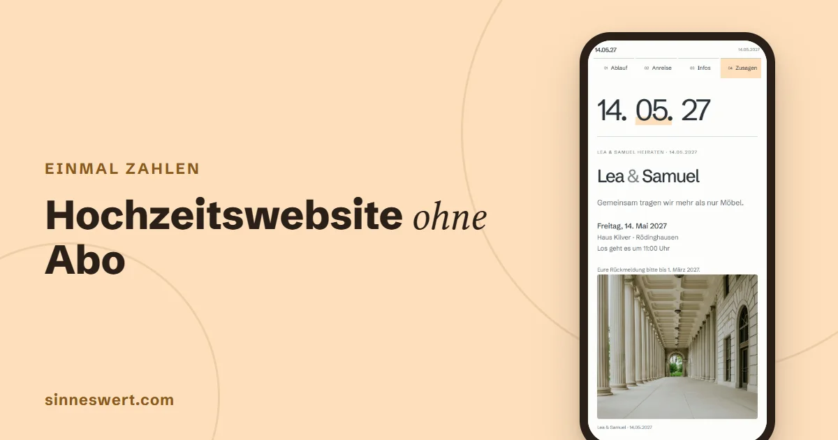 Titelbild: Hochzeitswebsite ohne Abo. Rechts ein Handy mit dem Kopf einer Musterhochzeit.