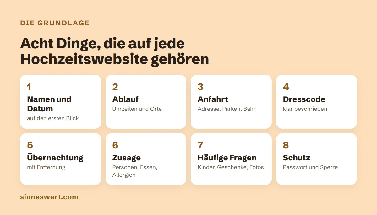 Grafik mit acht Kacheln: Namen und Datum, Ablauf, Anfahrt, Dresscode, Übernachtung, Zusage, häufige Fragen, Schutz.