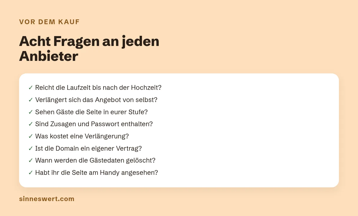 Grafik: Prüfliste vor dem Kauf einer Hochzeitswebsite mit acht Fragen, von der Laufzeit bis zur Löschung der Gästedaten.