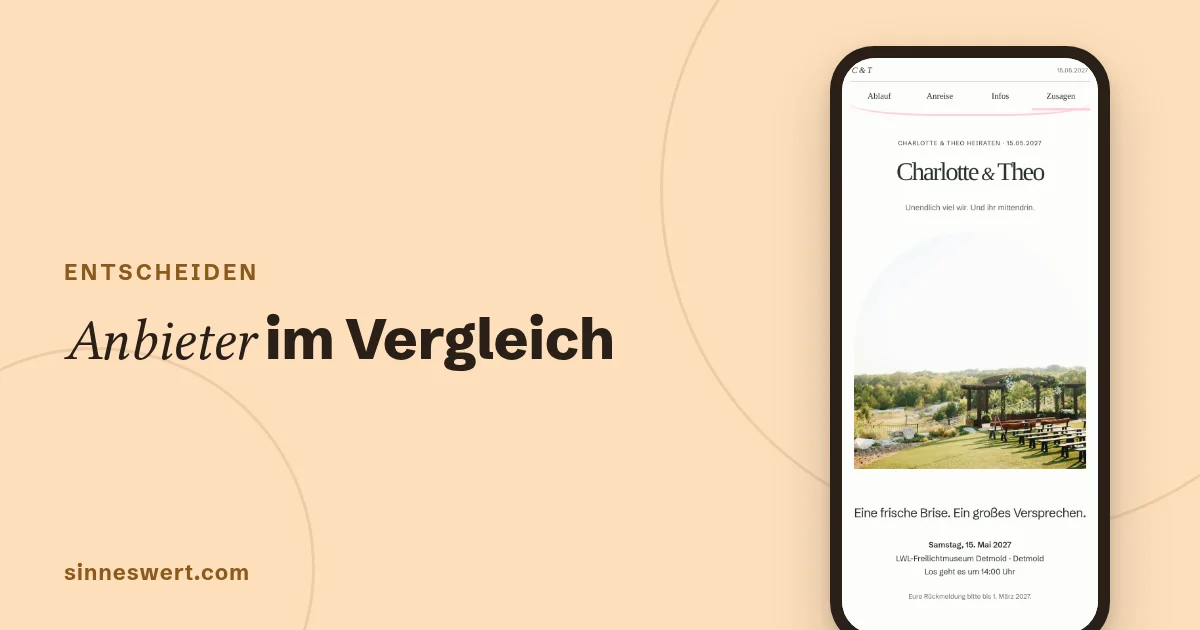 Titelbild: Hochzeitswebsite-Anbieter im Vergleich. Rechts ein Handy mit dem Kopf einer Musterhochzeit.