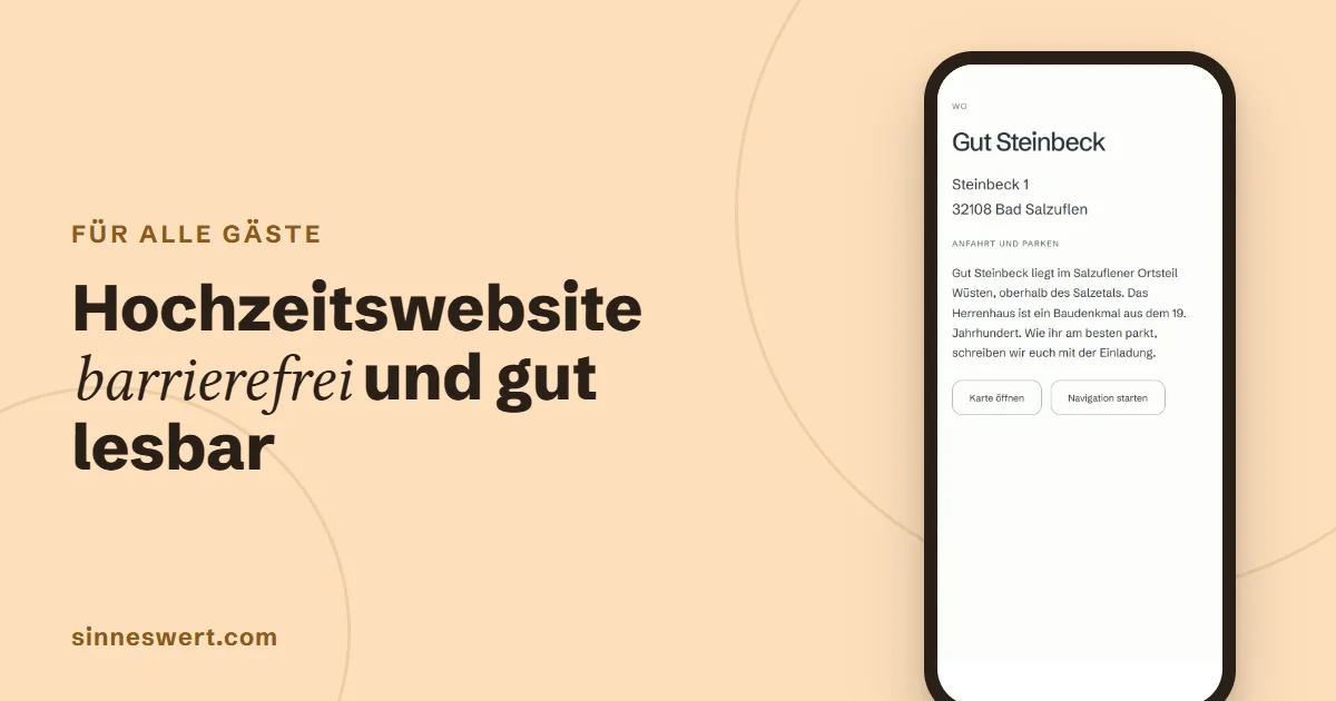 Titelbild: Hochzeitswebsite barrierefrei und gut lesbar. Rechts ein Handy mit Trauort, Anfahrt und großen Knöpfen einer Musterhochzeit.