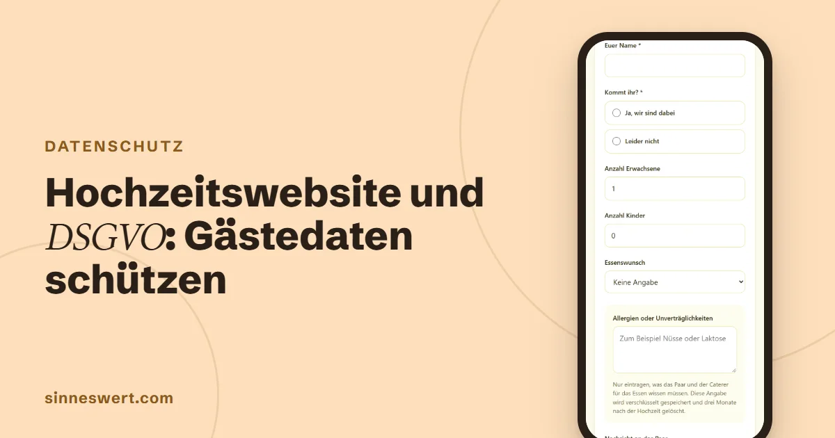 Titelbild: Hochzeitswebsite und DSGVO, Gästedaten schützen. Rechts ein Handy mit dem Zusageformular einer Musterhochzeit.