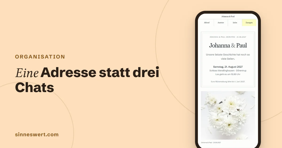 Titelbild: Eine Adresse statt drei Chats. Rechts ein Handy mit dem Kopf einer Musterhochzeit.