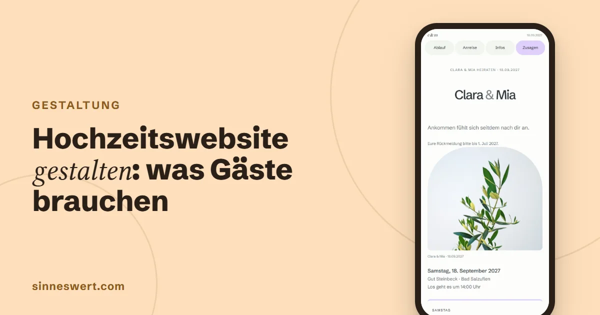 Titelbild: Hochzeitswebsite gestalten, was Gäste brauchen. Rechts ein Handy mit dem Kopf einer Musterhochzeit.