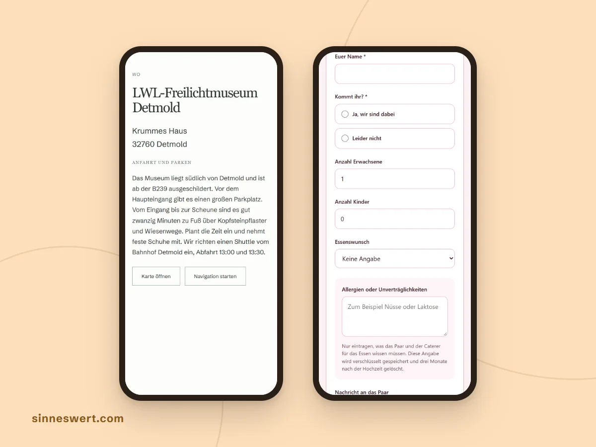 Zwei Handys mit einer Musterhochzeit: links der Trauort mit großen Knöpfen für Karte und Navigation, rechts das Zusageformular mit großen, beschrifteten Feldern.