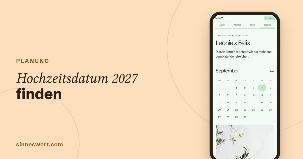 Titelbild: Hochzeitsdatum 2027 finden. Rechts ein Handy mit dem Kopf einer Musterhochzeit, darauf ein Kalenderblatt mit eingekreistem Hochzeitstag.