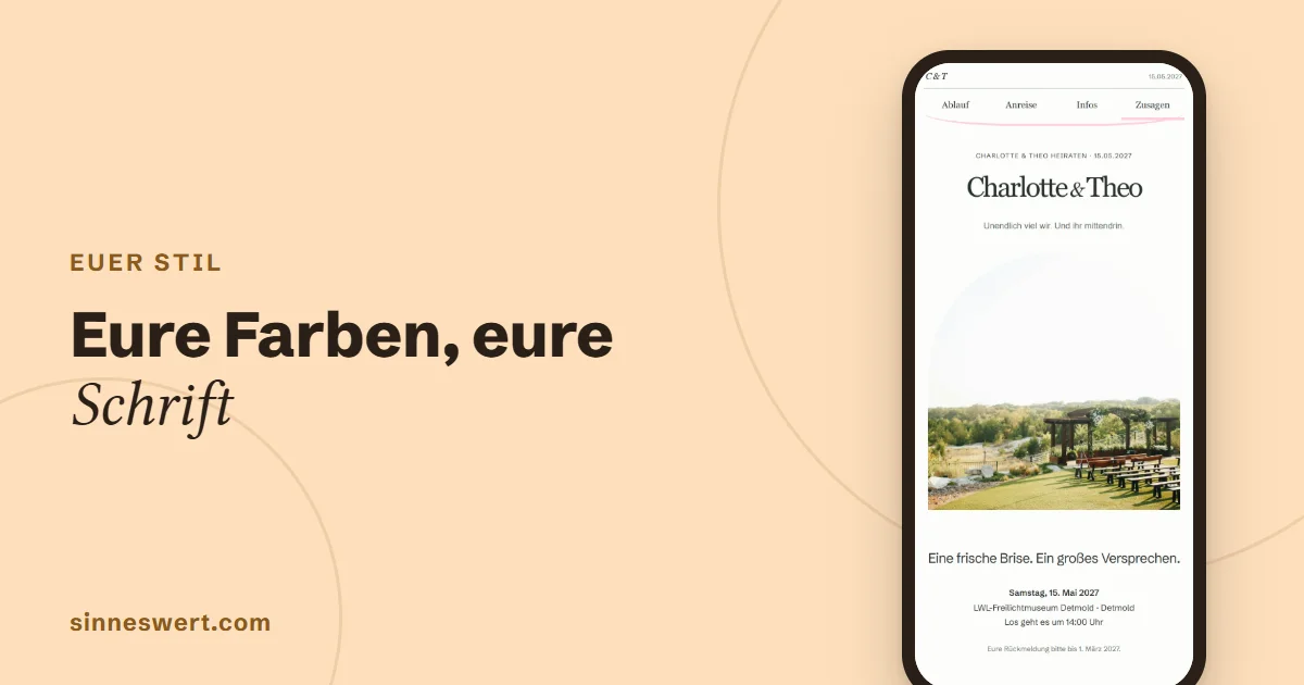 Titelbild: Eure Farben, eure Schrift. Rechts ein Handy mit dem Kopf einer Musterhochzeit.