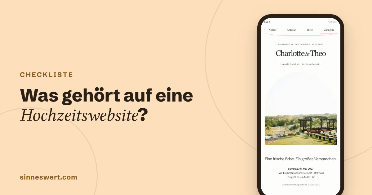 Titelbild: Was gehört auf eine Hochzeitswebsite? Rechts ein Handy mit dem Kopf einer Musterhochzeit.