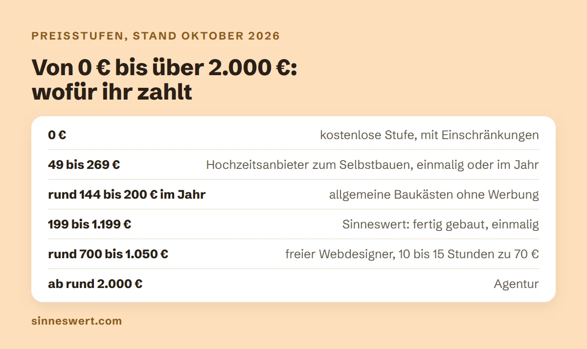 Preisstufen im Oktober 2026: 0 Euro kostenlose Stufe, 49 bis 269 Euro Hochzeitsanbieter zum Selbstbauen, rund 144 bis 200 Euro im Jahr allgemeine Baukästen, 199 bis 1.199 Euro Sinneswert fertig gebaut, rund 700 bis 1.050 Euro freier Webdesigner, ab rund 2.000 Euro Agentur.
