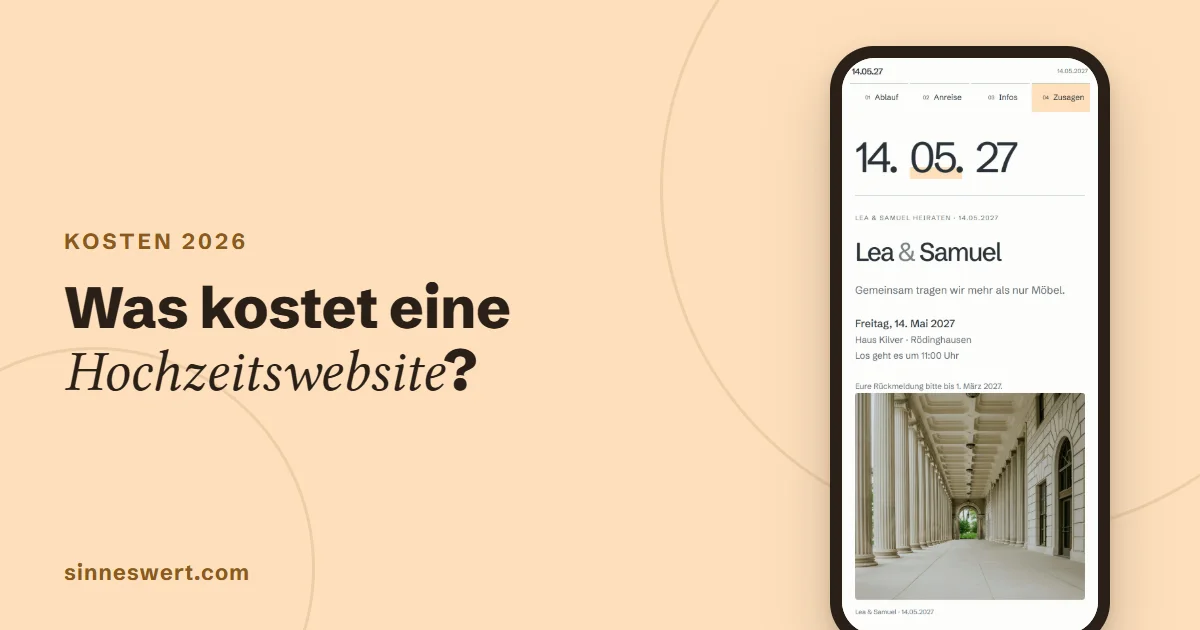 Titelbild: Was kostet eine Hochzeitswebsite? Rechts ein Handy mit dem Kopf einer Musterhochzeit.