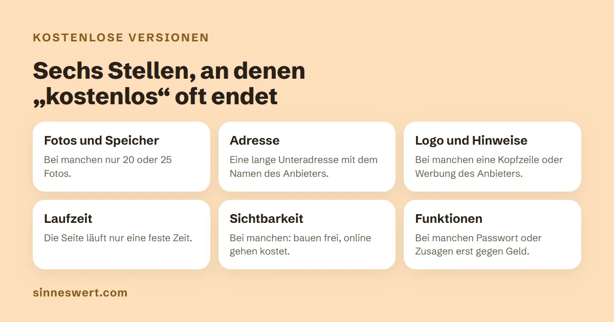 Grafik mit sechs Karten: Fotos und Speicher, bei manchen nur 20 oder 25 Fotos; Adresse, eine lange Unteradresse mit dem Namen des Anbieters; Logo und Hinweise, eine Kopfzeile oder Werbung des Anbieters; Laufzeit, die Seite läuft nur eine feste Zeit; Sichtbarkeit, bauen frei, online gehen kostet; Funktionen, Passwort oder Zusagen erst gegen Geld.