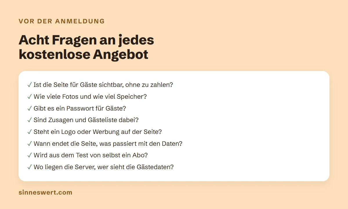 Prüfliste mit acht Fragen an jedes kostenlose Angebot: Ist die Seite für Gäste sichtbar, ohne zu zahlen? Wie viele Fotos und wie viel Speicher? Gibt es ein Passwort für Gäste? Sind Zusagen und Gästeliste dabei? Steht ein Logo oder Werbung auf der Seite? Wann endet die Seite, was passiert mit den Daten? Wird aus dem Test von selbst ein Abo? Wo liegen die Server, wer sieht die Gästedaten?