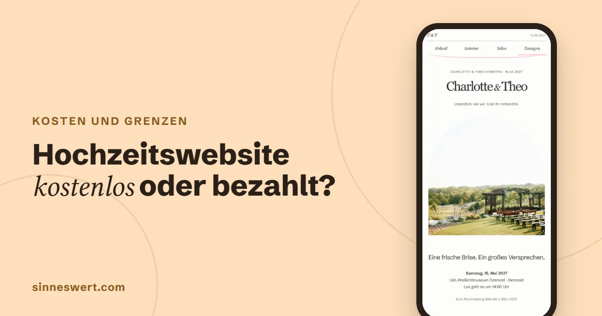 Titelbild: Hochzeitswebsite kostenlos oder bezahlt? Rechts ein Handy mit der Startseite der Musterhochzeit Charlotte und Theo.