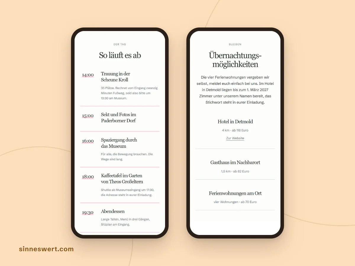 Zwei Handys mit der Musterhochzeit Charlotte und Theo: links der Tagesablauf mit Uhrzeiten von der Trauung bis zum Abendessen, rechts Übernachtungsmöglichkeiten mit Hotel, Gasthaus und Ferienwohnungen.