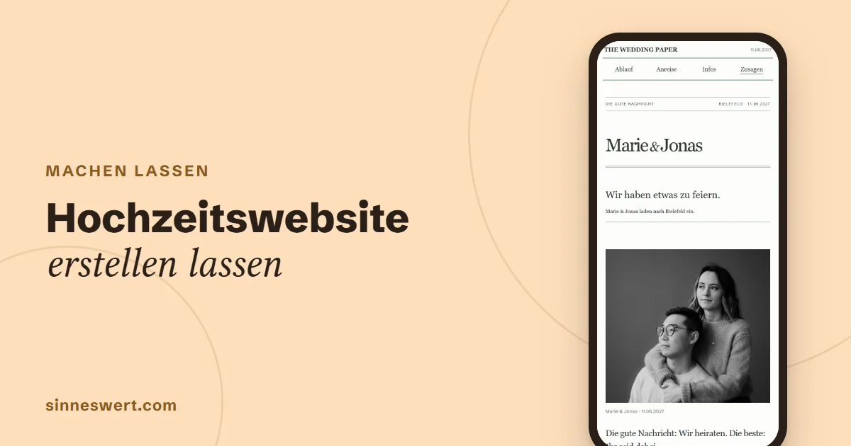 Titelbild: Hochzeitswebsite erstellen lassen. Rechts ein Handy mit dem Kopf einer Musterhochzeit.
