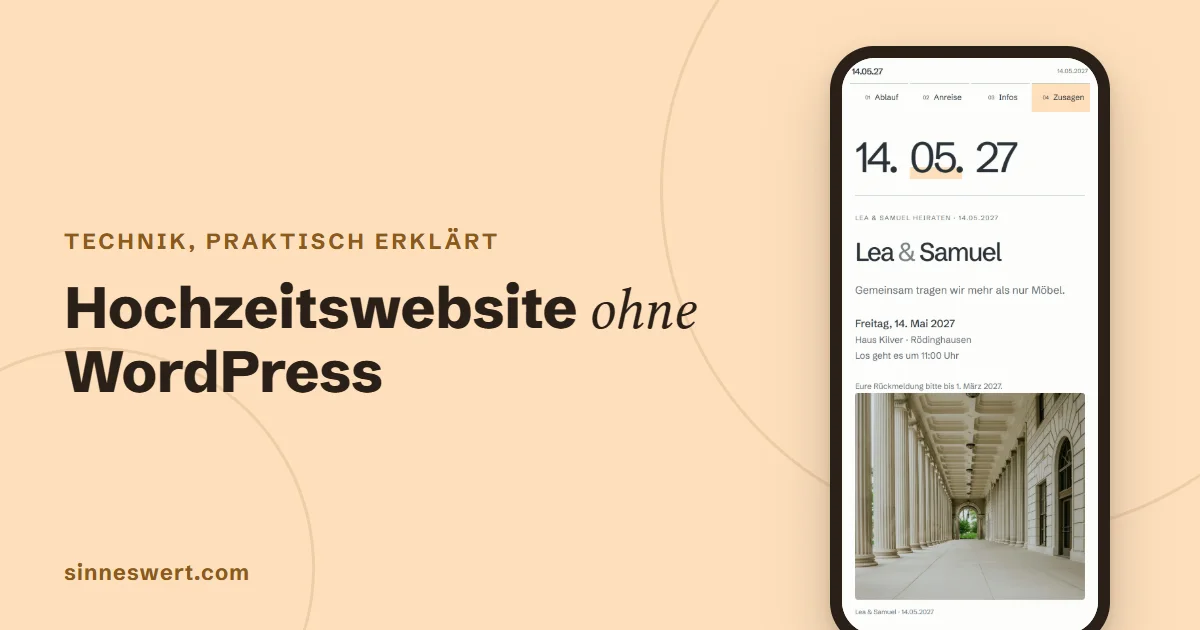Titelbild: Hochzeitswebsite ohne WordPress. Rechts ein Handy mit dem Kopf einer Musterhochzeit mit Datum und Namen des Paares.