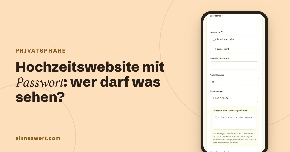Titelbild: Hochzeitswebsite mit Passwort, wer darf was sehen. Rechts ein Handy mit dem Zusageformular einer Musterhochzeit.