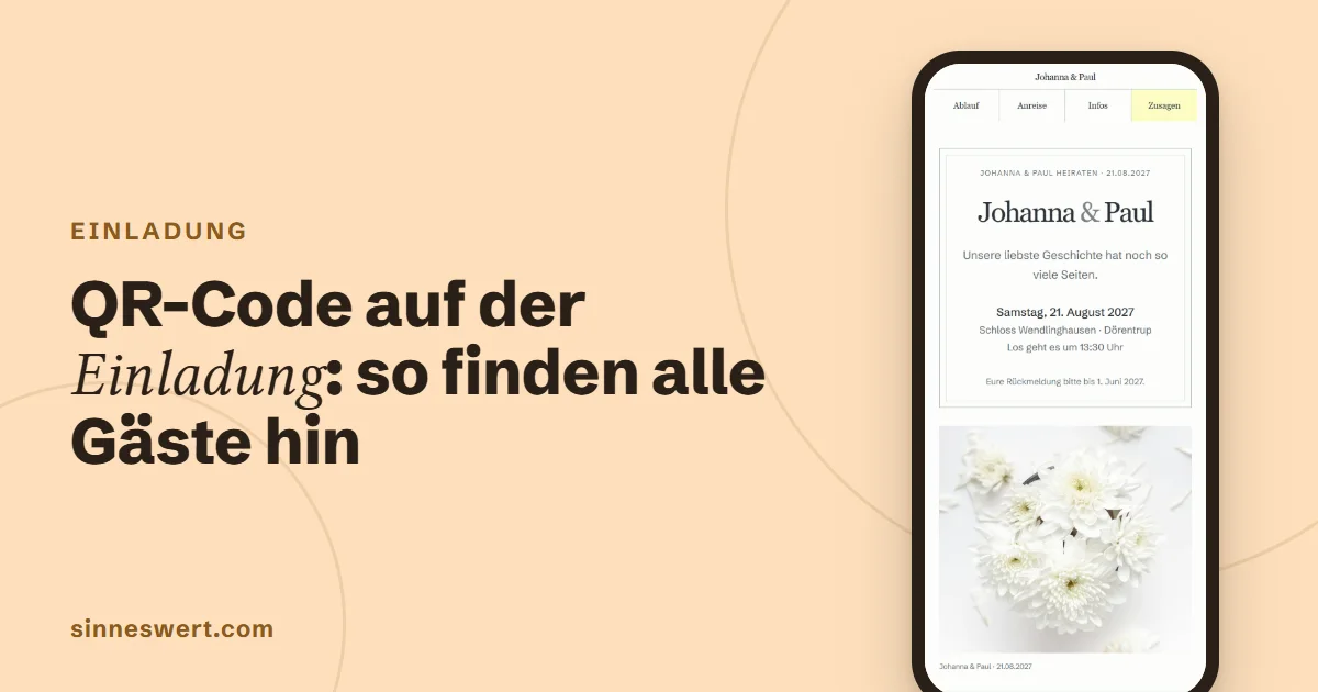 Titelbild: QR-Code auf der Einladung, so finden alle Gäste hin. Rechts ein Handy mit dem Kopf einer Musterhochzeit.