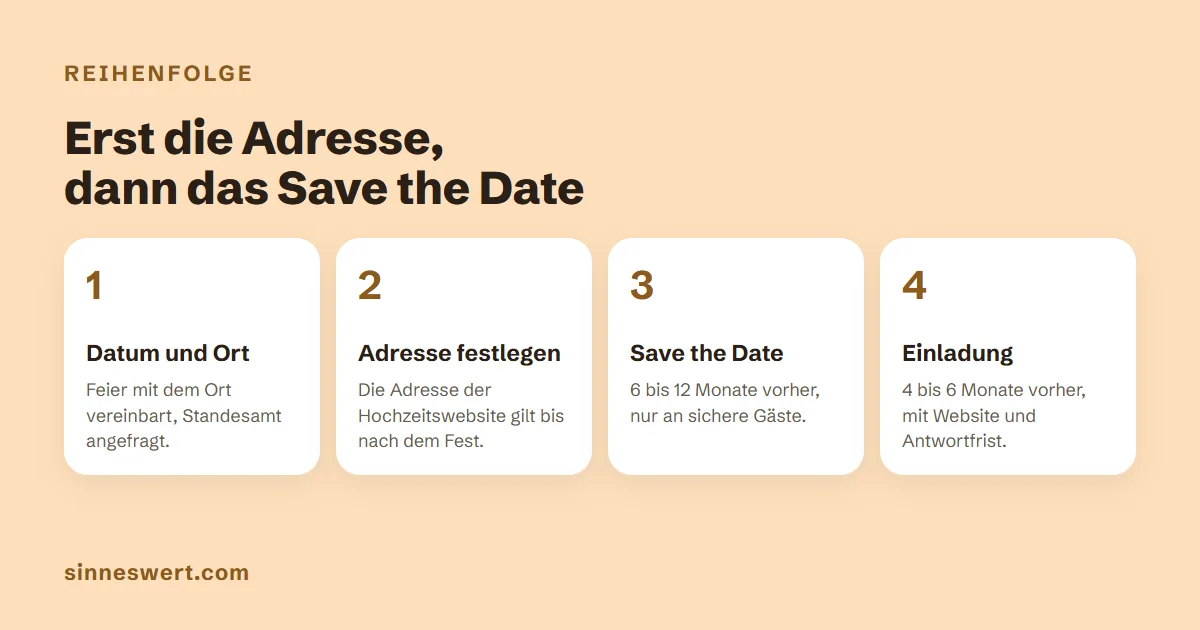 Grafik mit vier Schritten: 1 Datum, Ort und Standesamt klären; 2 Adresse der Hochzeitswebsite festlegen; 3 Save the Date verschicken, 6 bis 12 Monate vorher; 4 Einladung mit Website und Antwortfrist, 4 bis 6 Monate vorher.