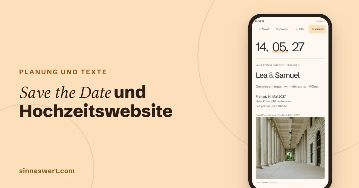 Titelbild: Save the Date und Hochzeitswebsite. Rechts ein Handy mit dem Kopf der Musterhochzeit Lea und Samuel, Namen und Datum groß.