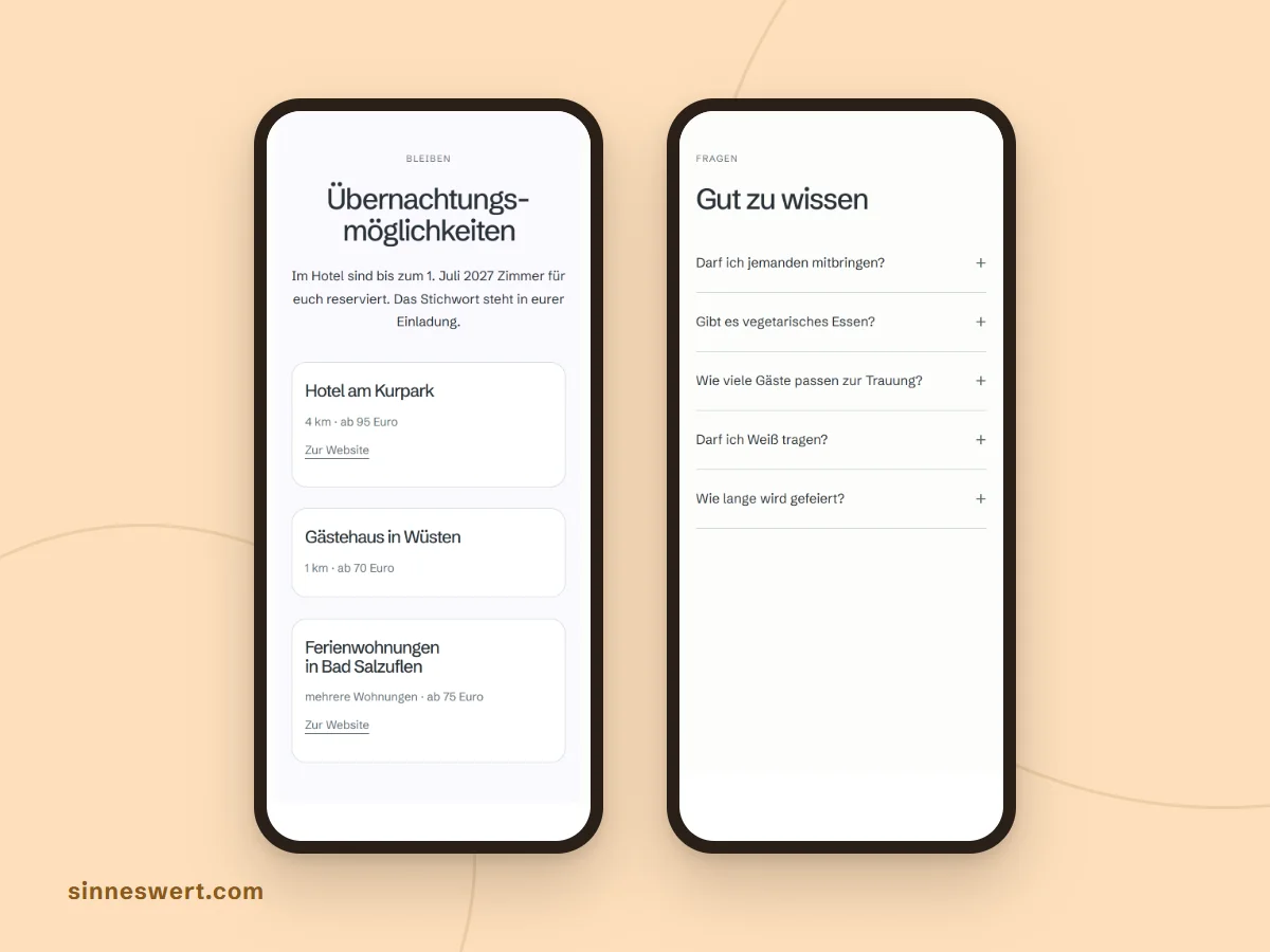 Zwei Handys mit einer Musterhochzeit: links Übernachtungsmöglichkeiten mit Hotel, Gästehaus und Ferienwohnungen, rechts der Bereich Gut zu wissen mit häufigen Fragen der Gäste.