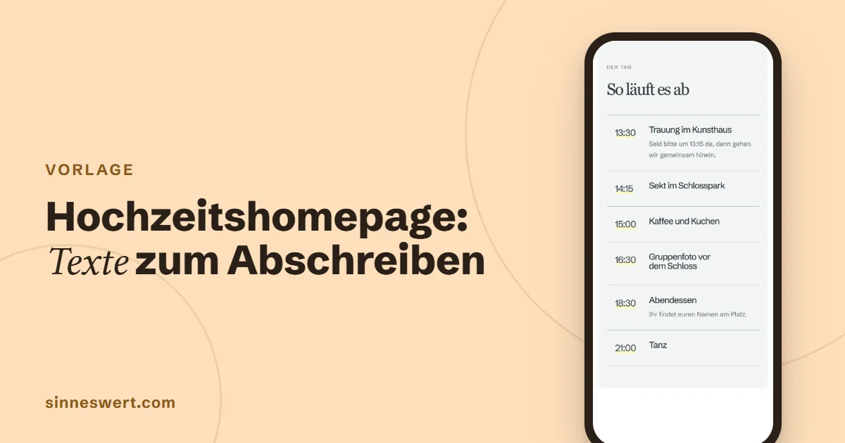 Titelbild: Hochzeitshomepage, Texte zum Abschreiben. Rechts ein Handy mit dem Tagesablauf einer Musterhochzeit.