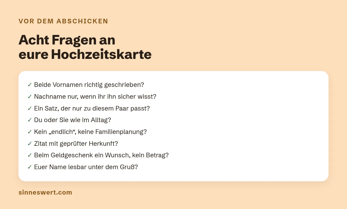 Grafik: Prüfliste vor dem Abschicken der Hochzeitskarte mit acht Punkten, von beiden Vornamen richtig geschrieben bis Name lesbar unter dem Gruß.