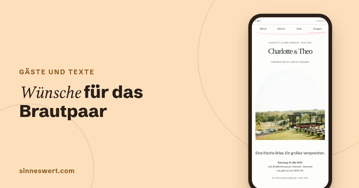 Titelbild: Wünsche für das Brautpaar. Rechts ein Handy mit dem Kopf der Musterhochzeit Charlotte und Theo.