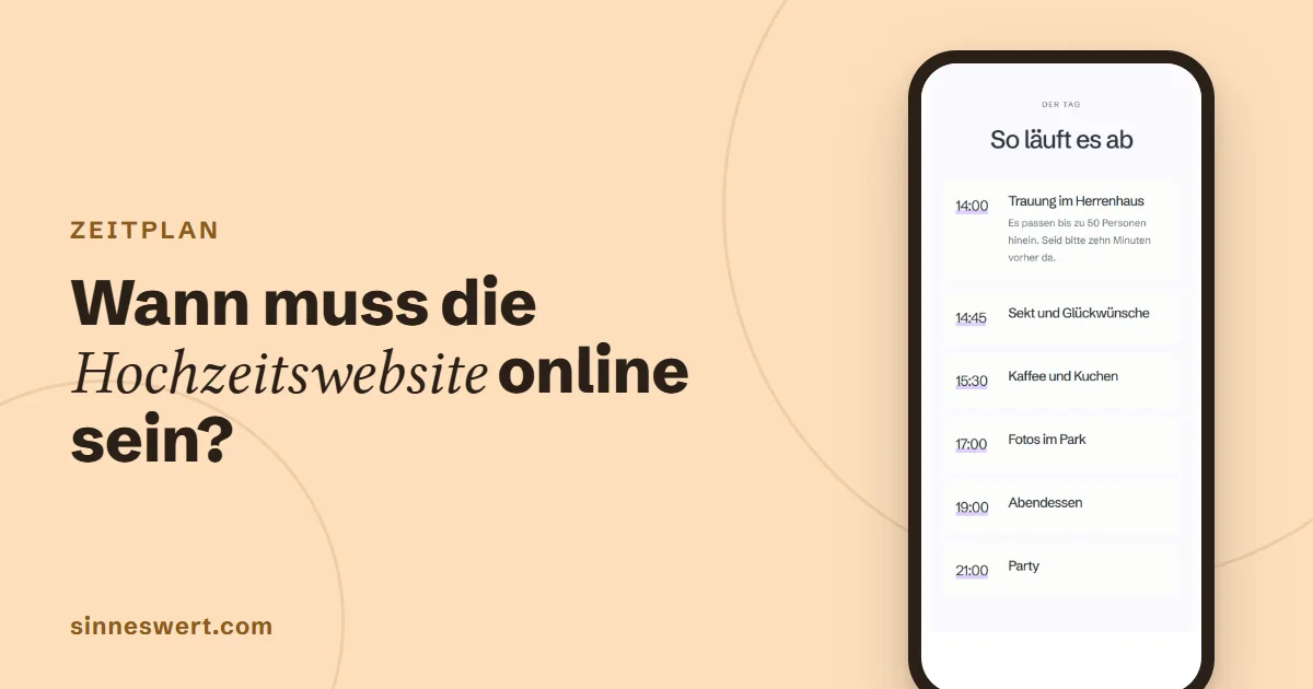Titelbild: Wann muss die Hochzeitswebsite online sein? Rechts ein Handy mit dem Tagesablauf einer Musterhochzeit.