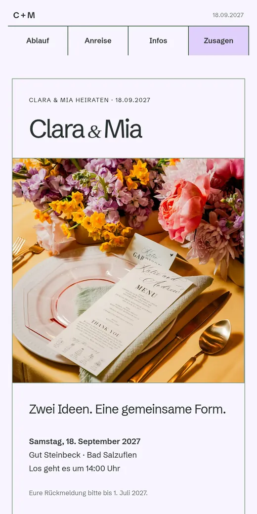 Ein geometrisches Plakat mit Kreis, präzisen Feldern und einer klaren Rasterordnung. Gezeigt mit der Hochzeit von Clara und Mia.