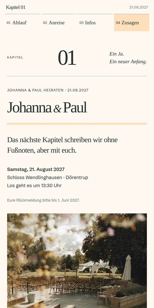 Eine Buchgestaltung mit Kapitelzahlen, Initiale und viel Raum für die Geschichte. Gezeigt mit der Hochzeit von Johanna und Paul.