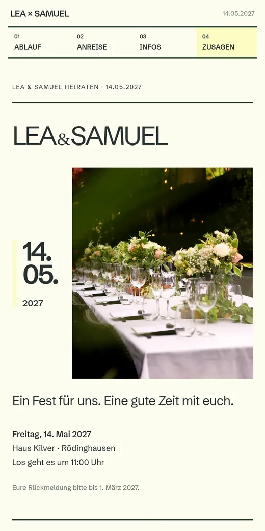 Ein zeitgenössisches Festprogramm mit großen Blockbuchstaben und einer Bildleiste. Gezeigt mit der Hochzeit von Lea und Samuel.