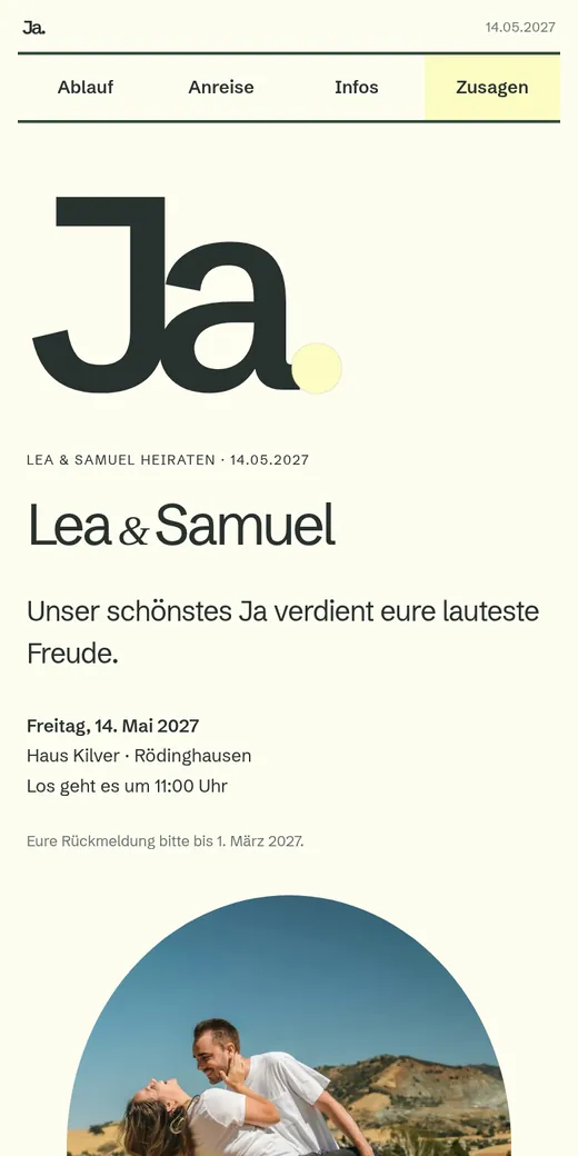 Ein großes Ja, ein rundes Porträt und ein Tagesablauf als offene Zeitachse. Gezeigt mit der Hochzeit von Lea und Samuel.