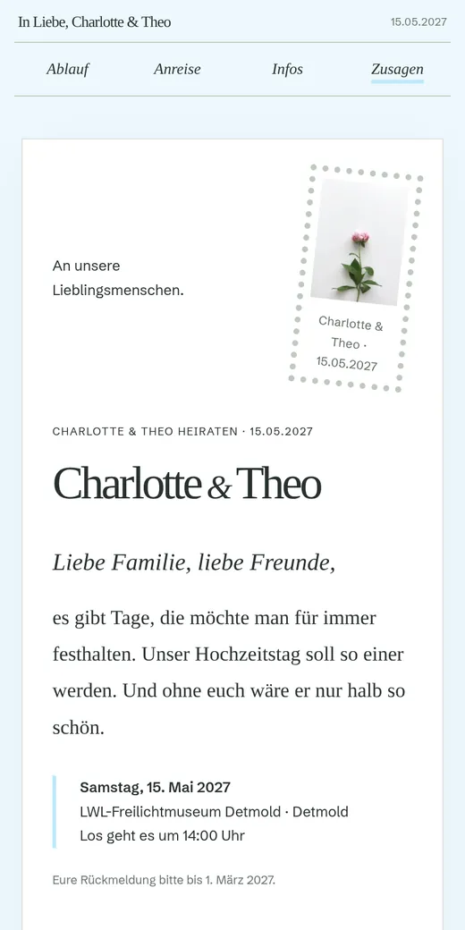 Ein persönlicher Brief als Einstieg, mit Bildmarke und großzügigem Einladungspapier. Gezeigt mit der Hochzeit von Charlotte und Theo.