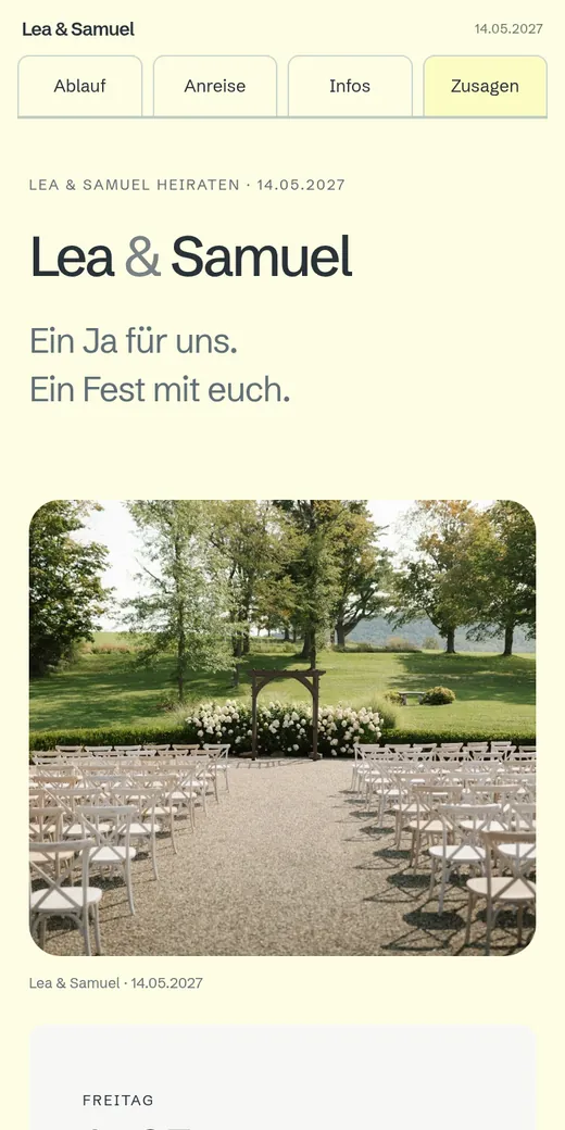 Ein breiter Briefkopf über Bild und persönlicher Einladung. Gezeigt mit der Hochzeit von Lea und Samuel.
