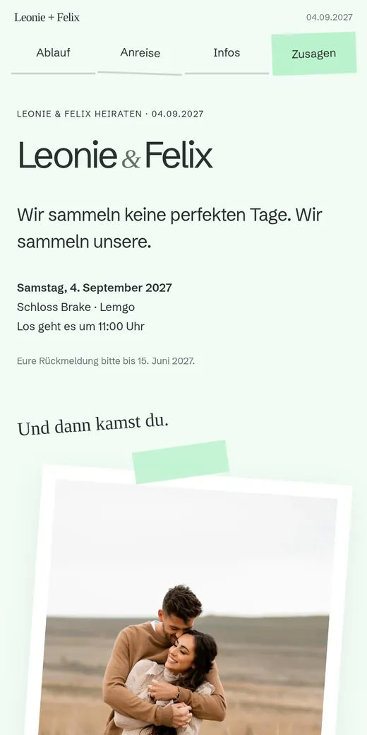 Ein persönliches Album mit zwei versetzten Bildern und handschriftlicher Note. Gezeigt mit der Hochzeit von Leonie und Felix.