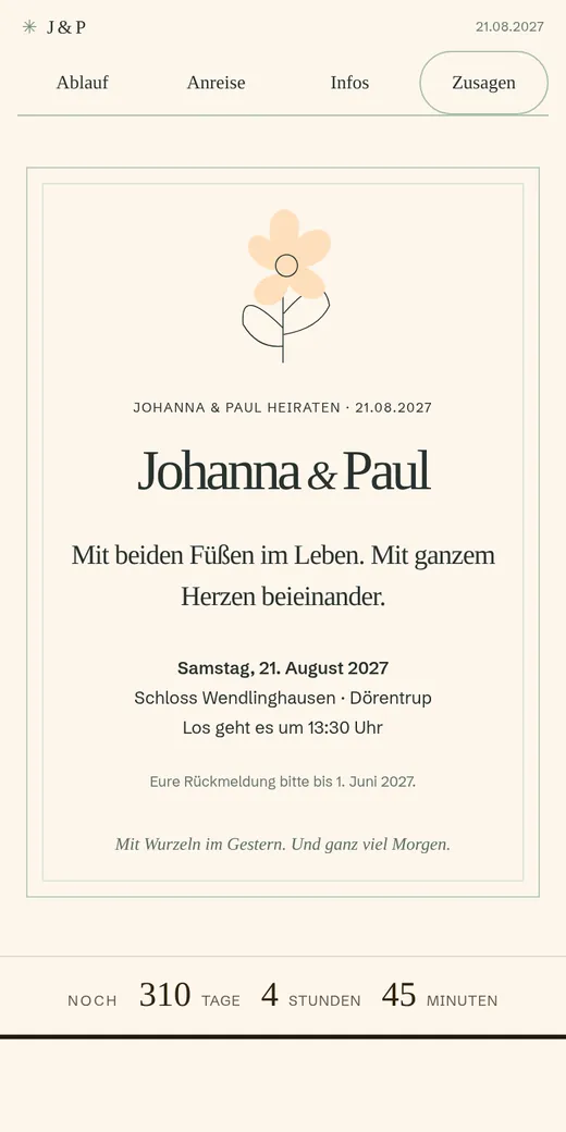 Eine botanische Einladung ohne Paarfoto im Einstieg, mit eigens gezeichneter Blüte. Gezeigt mit der Hochzeit von Johanna und Paul.